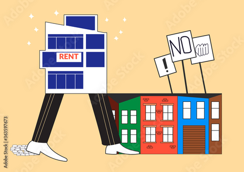 Residents protest against gentrification. Changing neighborhood. Apartment, condo for rent. Contrast between new modern buildings and old house. Before and after renovation. Flat vector illustration 