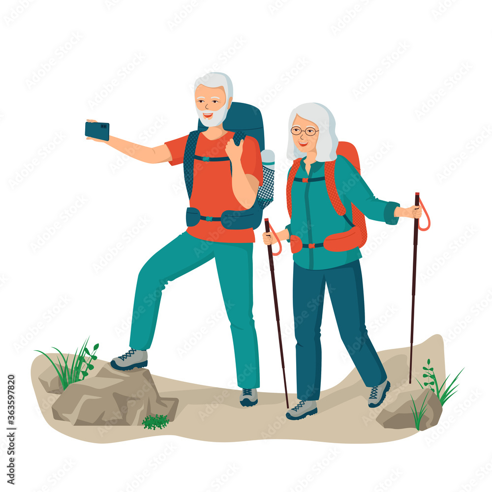Obraz premium Happy healthy elderly couple of tourists with backpacks take selfie on smartphone. Retired outdoor activity concept. Age trekking, hiking. Active seniors man and woman. Сartoon vector illustration