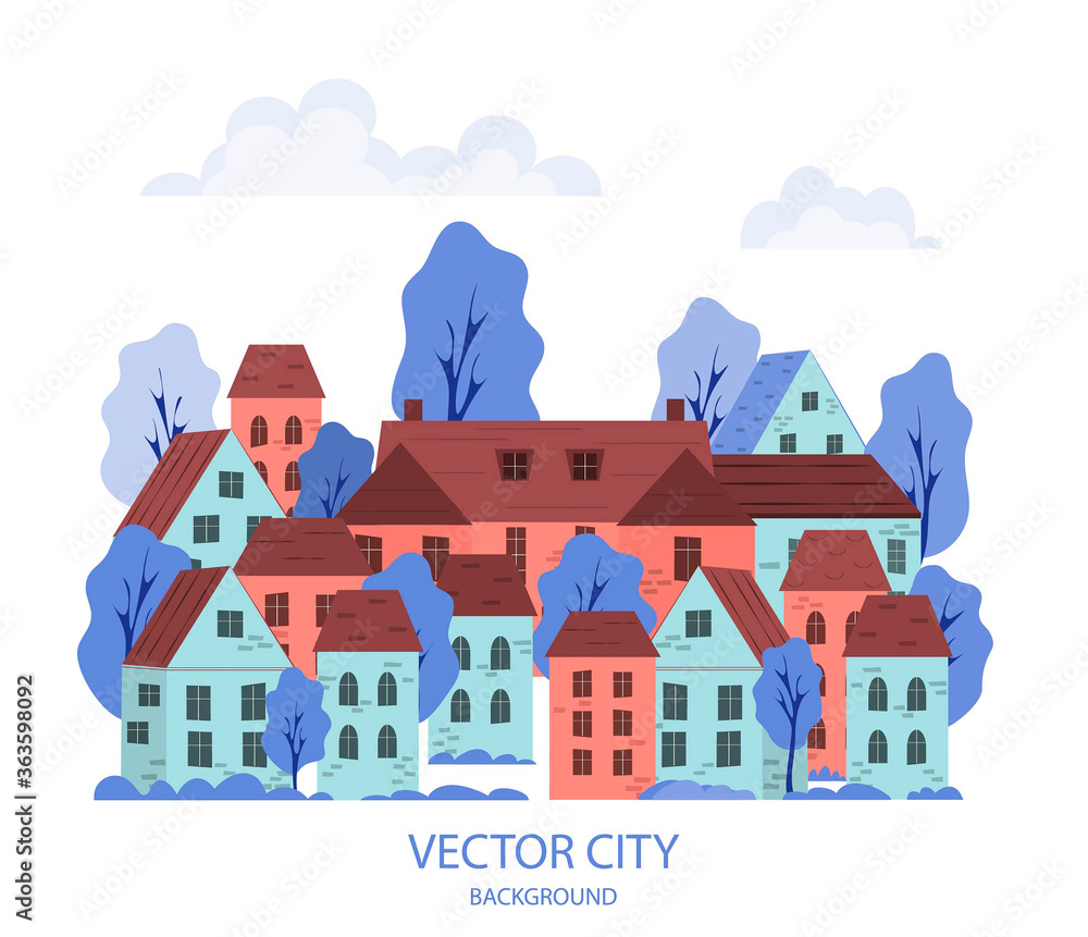 Vector illustration of a cityscape with buildings and trees. Cartoon style city on a white isolated background. Panorama of the city. Abstract background for images, website headers, banners, covers.