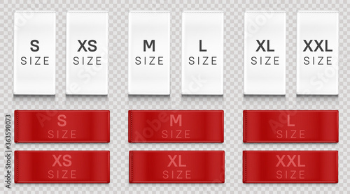 Red white cloth labels with size for apparel, brand tags S, L, M, XL symbols, textile badges with seams and fabric texture. Clothing isolated on transparent background Realistic vector illustration