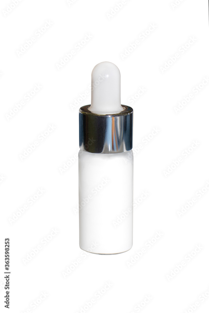 Glass white bottle for cosmetics, cream, gel, serum isolated on a white background. Health and hygiene promotion concept. Mockup Glass white bottle for cosmetics, cream, gel, serum isolated on a white background. Health and hygiene promotion concept. Mockup