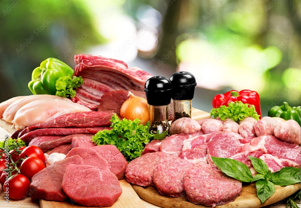 Freshness meat collection with vegetables on wooden desk Freshness meat collection with vegetables on wooden desk