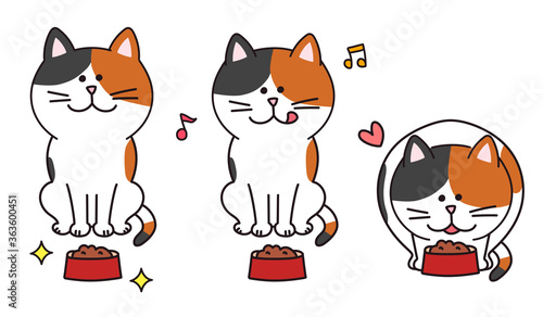 Set of calico cats about to eat food. Vector illustration isolated on white background.