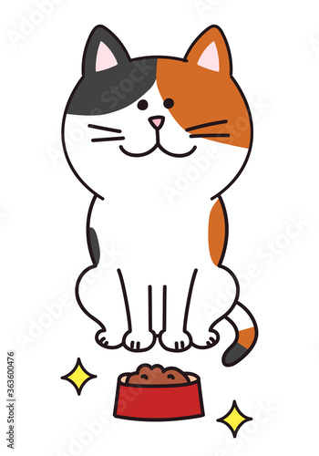 Happy calico cat having fresh cat food. Vector illustration isolated on white background.