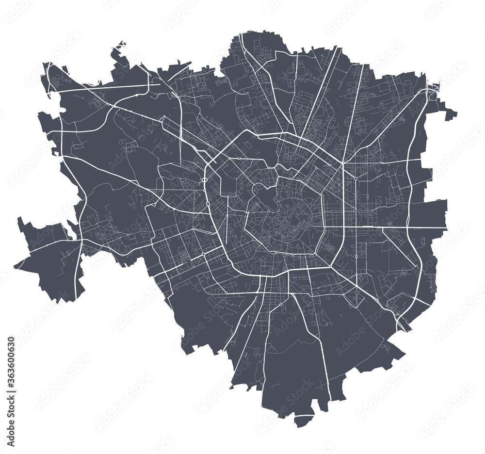 Naklejka premium Milan map. Detailed map of Milan city poster with streets. Dark vector.