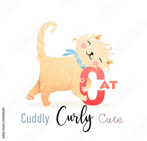 Cute cartoon Cat Cuddly and Curly for letter C. Fun Alphabet for kids education and study. Kindergarten and preschool reading study. Vector illustration in watercolor style.