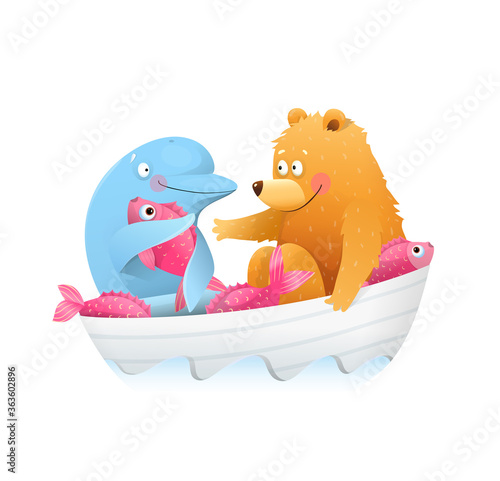 Baby Bear in boat and dolphin friends sharing fish. Kids friendship story between bear cub and dolphin. Cute watercolor style vector animals cartoon for children. photo