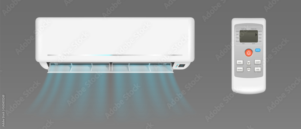 Fototapeta premium Air conditioner with cold wind flows and remote control. Vector realistic mockup of split system for climate control in home room or office. White aircon isolated on gray background