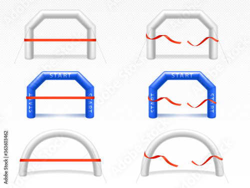 White and blue inflatable arch for sport events, race, marathon, run or triathlon. Vector realistic set of blank balloon tubes different shapes for start and finish line with torn red ribbon