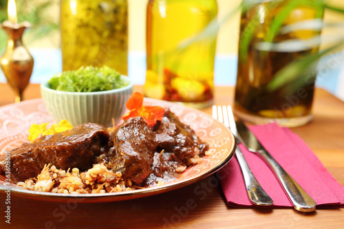 Beef cheeks braised in red wine. Traditional Jewish cuisine.
Appetizing dish. Suggestion of serving a dish. Culinary photography.