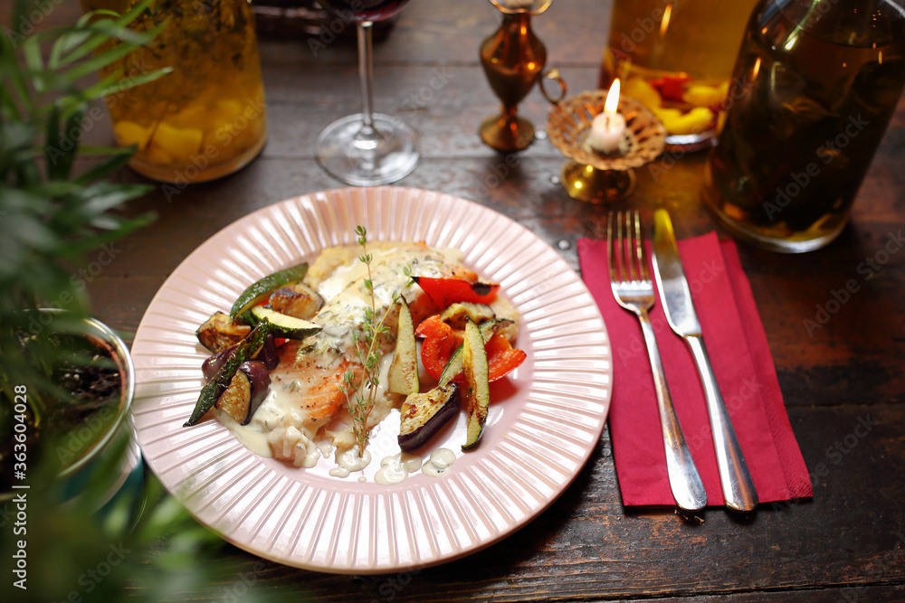 Salmon with grilled vegetables on vegetable puree.
Appetizing dish. Suggestion of serving a dish. Culinary photography. Salmon with grilled vegetables on vegetable puree.
Appetizing dish. Suggestion of serving a dish. Culinary photography.