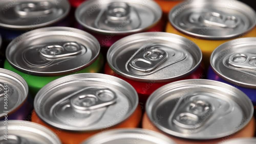 aluminum cans with carbonated water, energy drinks or beer. Rotation video aluminum cans with carbonated water, energy drinks or beer. Rotation video