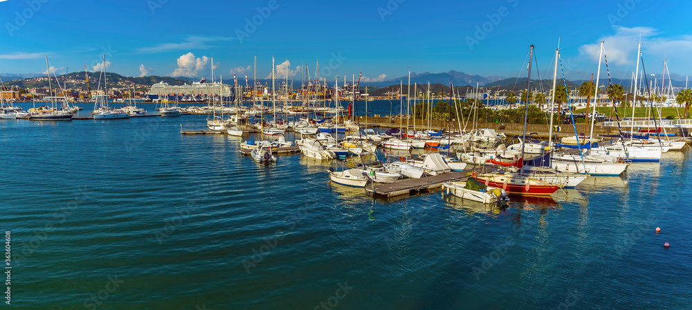 A view of yachts in the harbour at La Spezia, Italy in summer