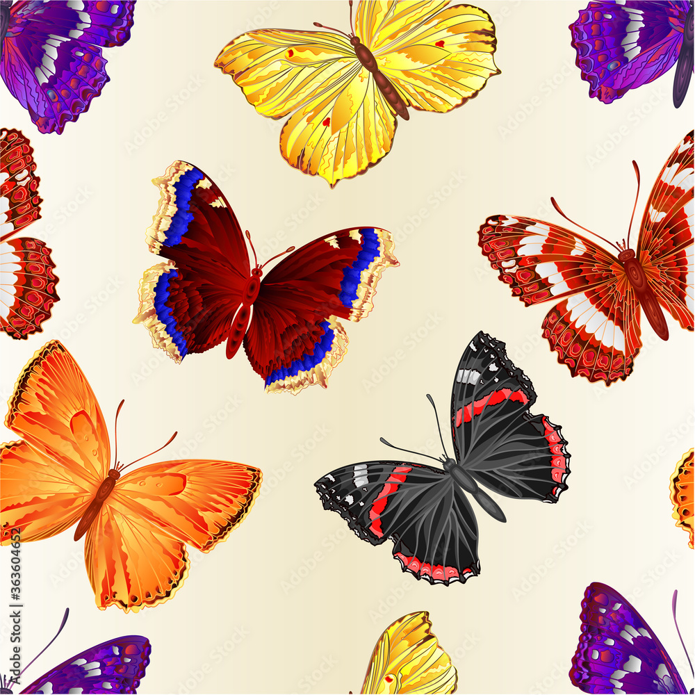 Seamless texture various butterflies mountain meadow and forest butterflies environment watercolor vintage on a white background vector illustration editable hand draw