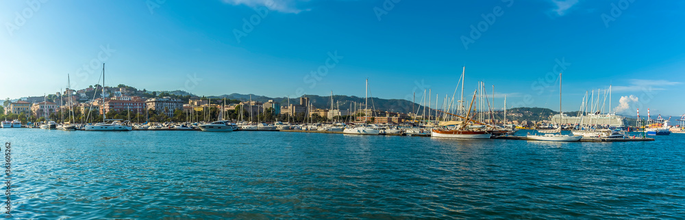 A panorama view across the marina to the shore at La Spezia, Italy in summer