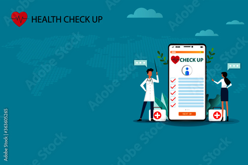 Concept of medical health check up, professor and doctor are discussing on a big screen of smartphone that contain health checklist to treat the patients in green color background.