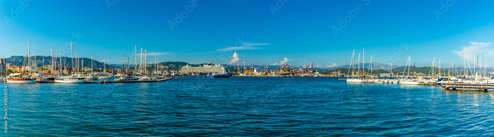A panorama view across the harbour and docks at La Spezia, Italy in summer