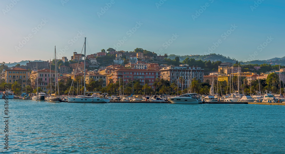 A panorama view towards the shoreline at La Spezia, Italy in summer