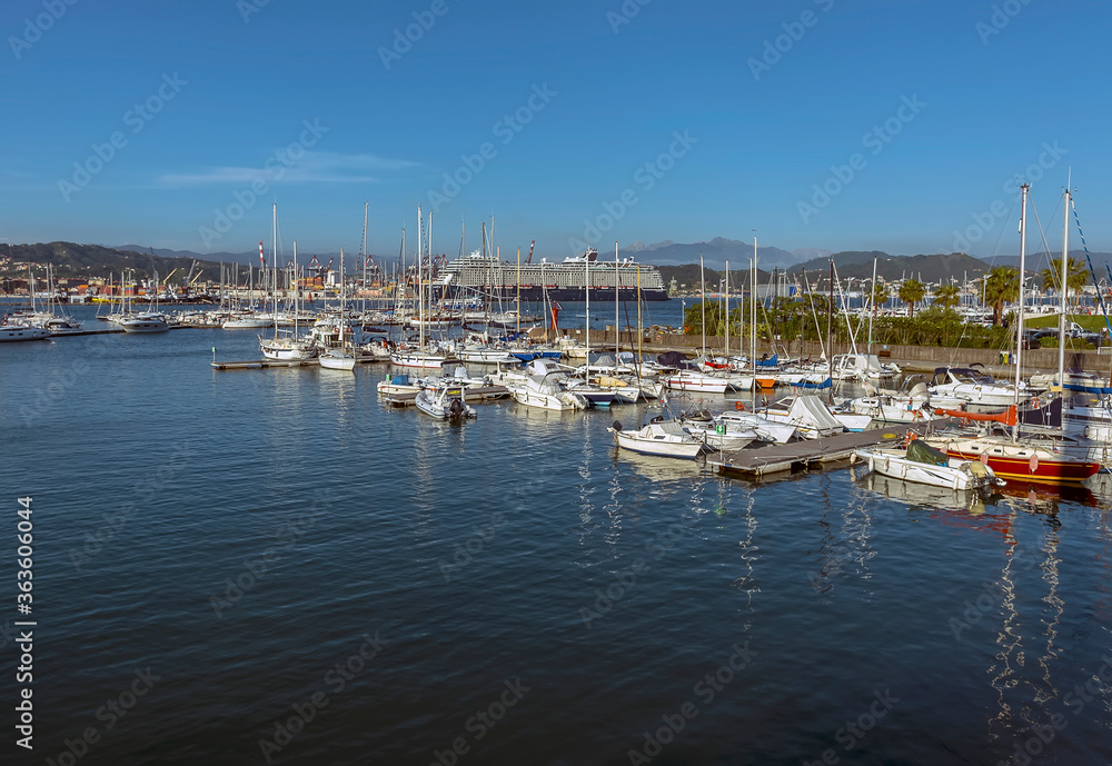 A panorama view from the harbour bridge across the harbour at La Spezia, Italy in summer