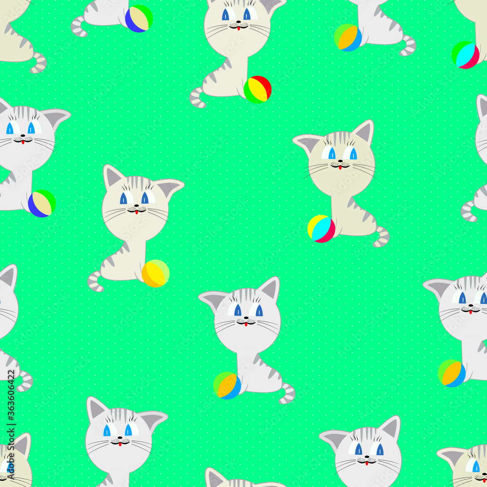 Obraz premium Cute and funny cat with a colorful ball on a light background. Seamless pattern. Vector illustration