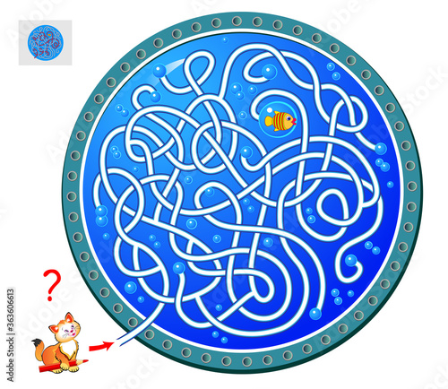 Logic puzzle game with labyrinth for children and adults. Help the cat catch the fish. Find the way and draw the line. Worksheet for kids brain teaser book. IQ test. Online playing. Flat vector.