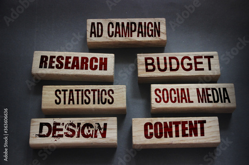 AD CAMPAIGN research budget statistics social media design conctent words on wooden blocks. Marketing advertising concept photo