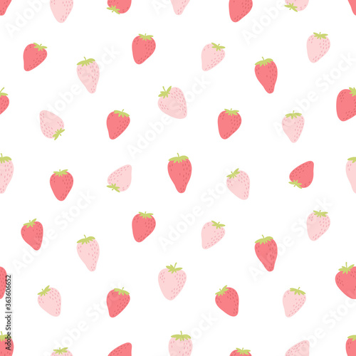 Cute seamless pattern with pink strawberries. Natural summer print with berry, fresh fruits in hand drawn style. Colorful vector strawberry background.