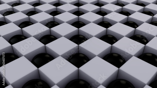 3D rendering of an abstract geometric background with a lot of black and white cubes and spheres arranged in a staggered order. 3D desktop illustration  background  screen saver.