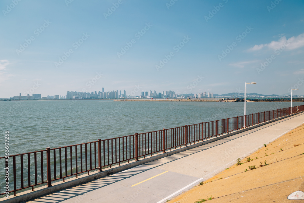 Sea and Incheon modern cityscape from Oido in Siheung, Korea