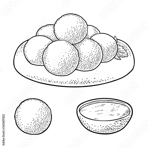 Falafel with sauce - dish middle eastern traditional food. Vector flat color icon isolated on white.