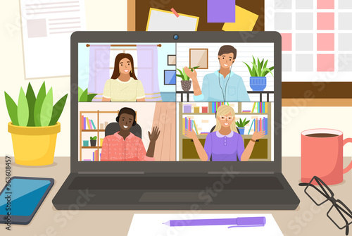 Video conference on laptop for home office. Online friends conference. Online webinar. People listen to the lecturer. Internet group conference, training test, work from home, easy communication