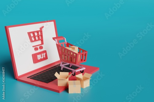 Notebook mockup with shopping cart and many boxes delivery from online shopping