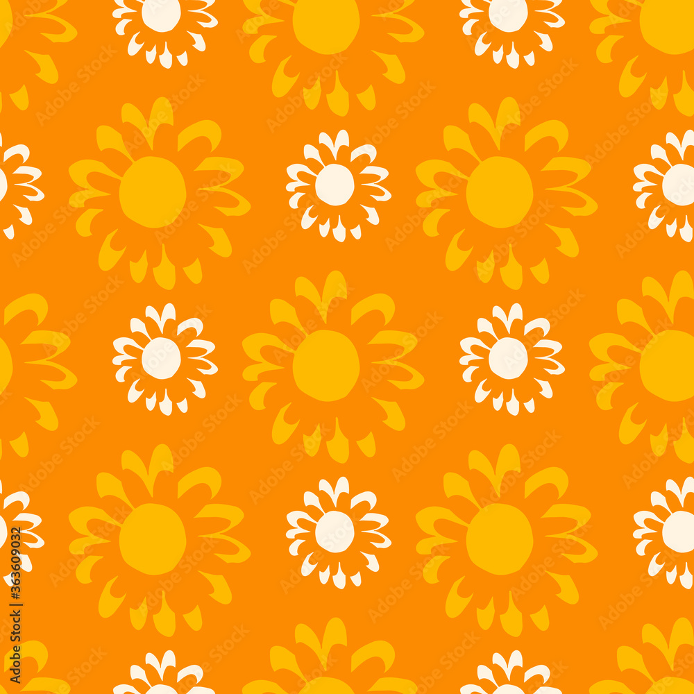 Small white and middle yellow flowers on herbal pattern. Orange background.