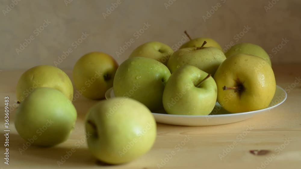 Yellow apples on the table. harvest, healthy food Yellow apples on the table. harvest, healthy food