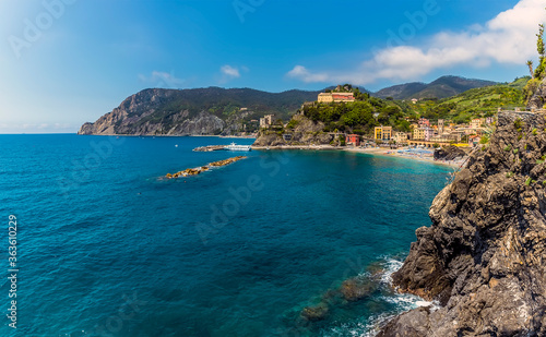 A panorama view towards Monterosso al Mare, Italy from the path to Vernazza in summer