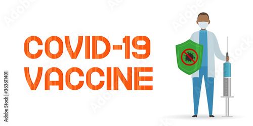 COVID-19 vaccine. Doctor hold syringe with vaccine. Vector illustration.