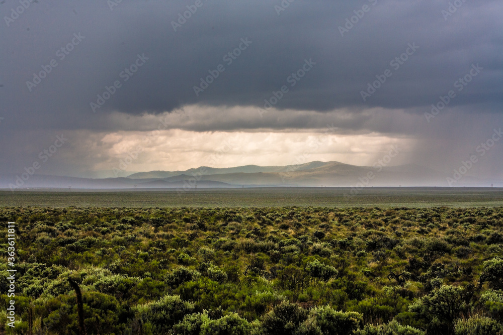 A desert thunder storm over a field of sage brush east of Bend, Oreogn
