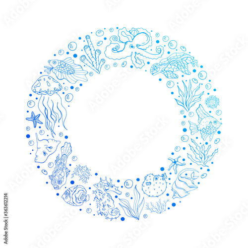 Marine life.  Postcard. Sea fish, seaweed, turtle, octopus on a white background. Vector isolated illustration with a set of marine life.  Design of postcards and banners. Cafe menu design.  