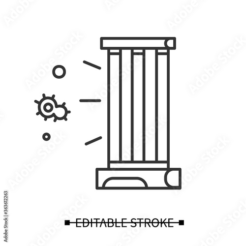 UV lamp icon. Antibacterial light UVC sterilizer linear pictogram. Concept of plant growing, air and surfaces sterilization and corona virus safety in pubic areas. Editable stroke vector illustration