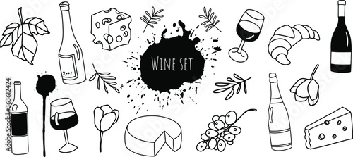 Linear set on the theme of wine and cheese. Doodle style, icons. Champagne, wine, glasses, cheese, grapes.Vector illustration on a white background.
