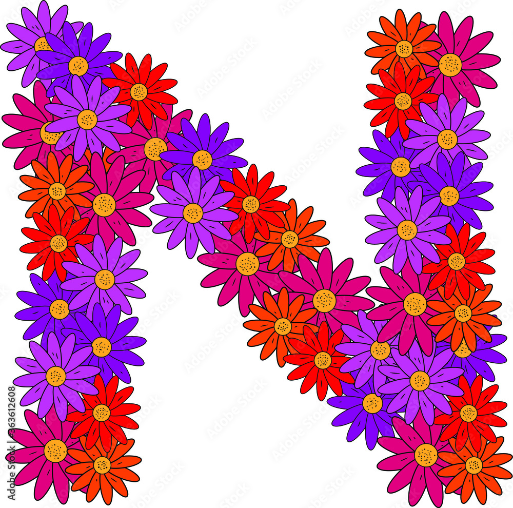 Flower font. The letter N. Many colored flower heads. Inflorescence. Bright petals. Purple, pink, red, orange. Romantic summer lettering