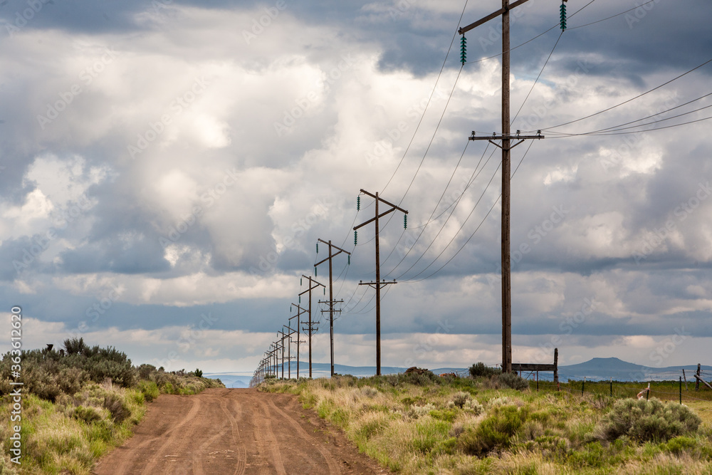 Fototapeta premium Power line along a dirt, desert road north of Silver Lake, Oregon