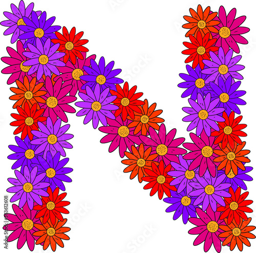 Obraz na płótnie Flower font. The letter N. Many colored flower heads. Inflorescence. Bright petals. Purple, pink, red, orange. Romantic summer lettering w salonie