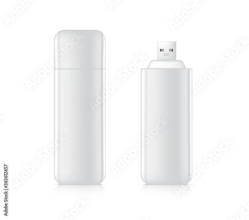 3D USB Flash Drive Realistic Mock up for memory Storage Portable on white background. Technology Object Template Concept Design.