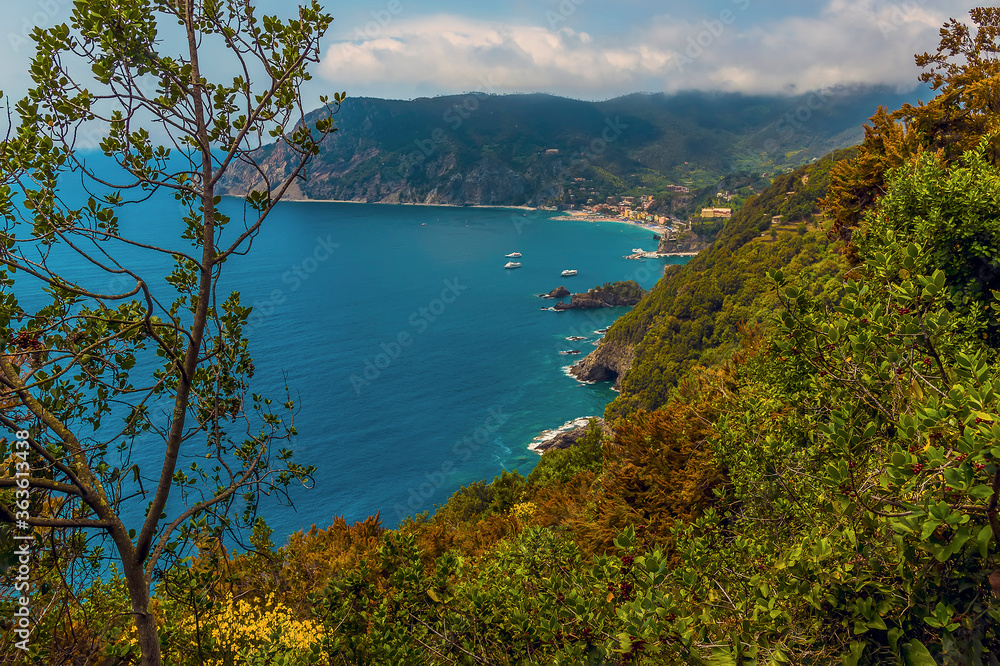 A panorama view over Monterosso al Mare from the Monterosso to Vernazza path in summertime