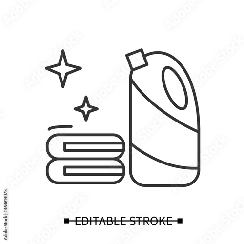 Bleach icon. Household chemical bottle with laundry pile line pictogram. Clothes washing, disinfection, house cleaning, hygiene, stain removing and bleaching illustration. Editable stroke vector
