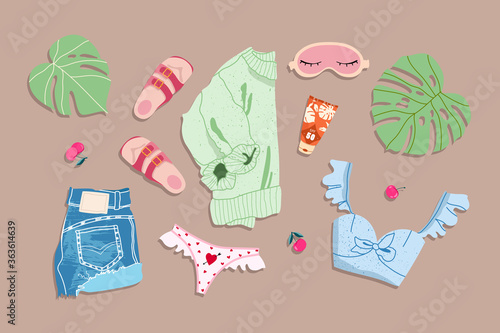 Summer outfit flat lay. Trendy summer outfit. Hand-drawn vector illustration. All elements are isolated on a blue background. Denim shorts, teenage crop top, sweater, sandals and accessories.