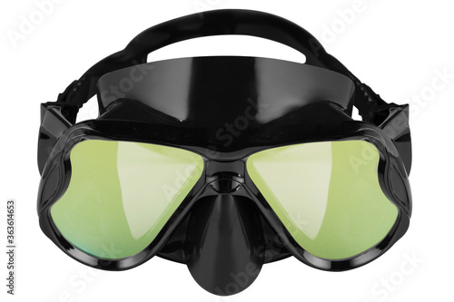 mask for spearfishing or for swimming with black silicone sealant, with mirrored glasses, on a white background
