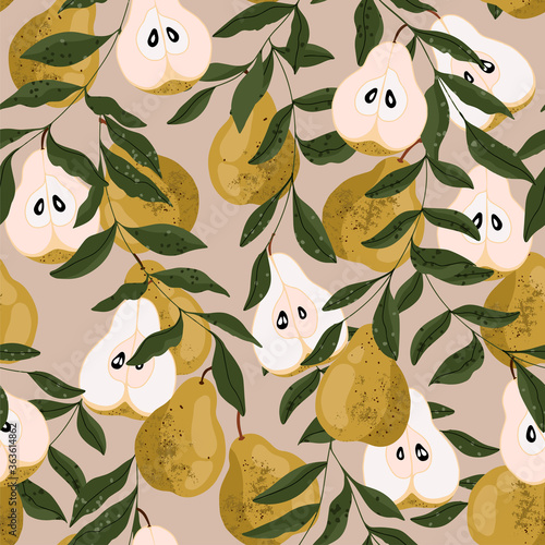 Pear seamless pattern. Beautiful elegant vector pear fruits on a beige background. Modern hand-drawn design for wrapping paper, stationery, textile, web banner. Organic fresh food texture.