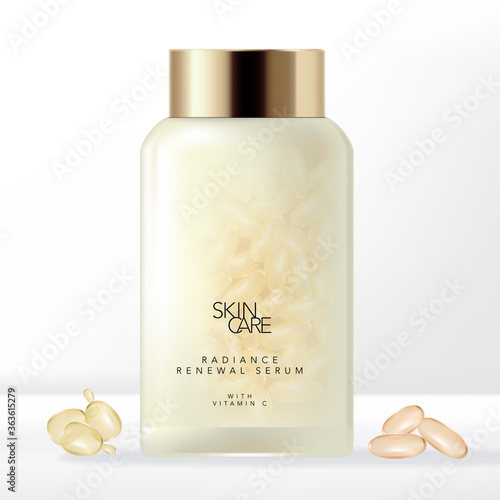 Vector Beauty Facial Serum or Supplement Capsule with Screw Cap Semi Transparent Frosted Bottle Packaging. 